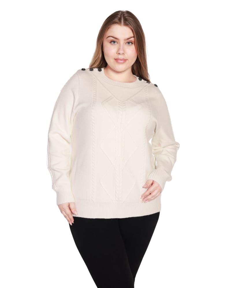 Front of a model wearing a size 2X Plus Size Embellished Cable Sweater in Winter White by Belldini. | dia_product_style_image_id:319395